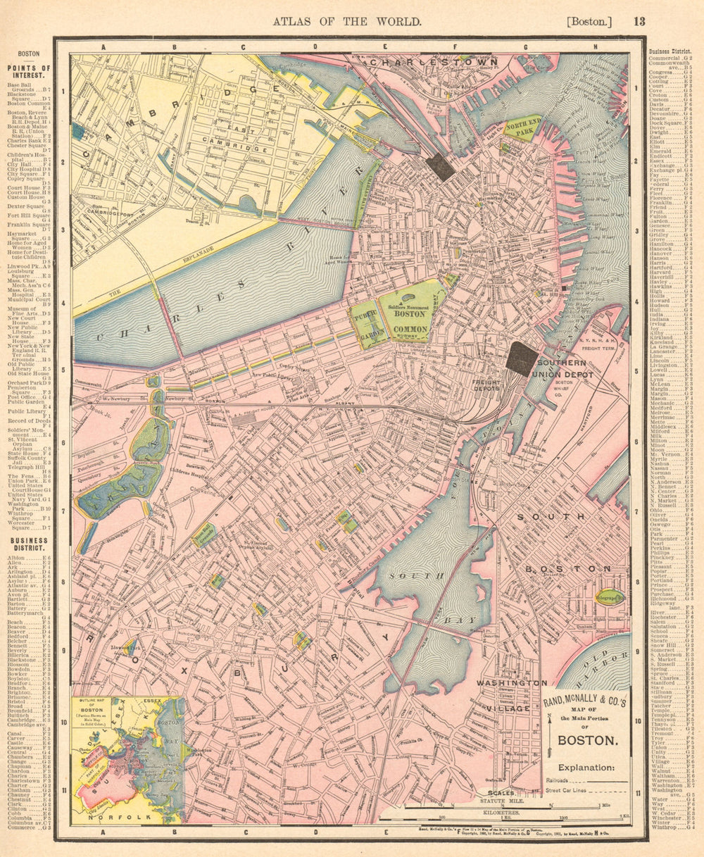 Boston town city map plan. Massachusetts. RAND MCNALLY 1906 old antique