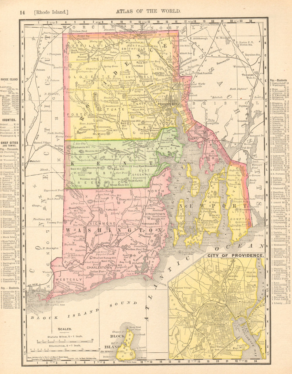 Rhode Island state map showing counties. Providence inset. RAND MCNALLY 1906