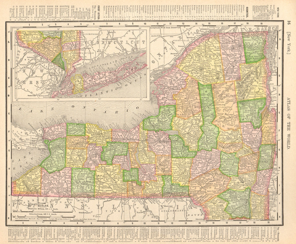 New York state map showing counties. RAND MCNALLY 1906 old antique chart