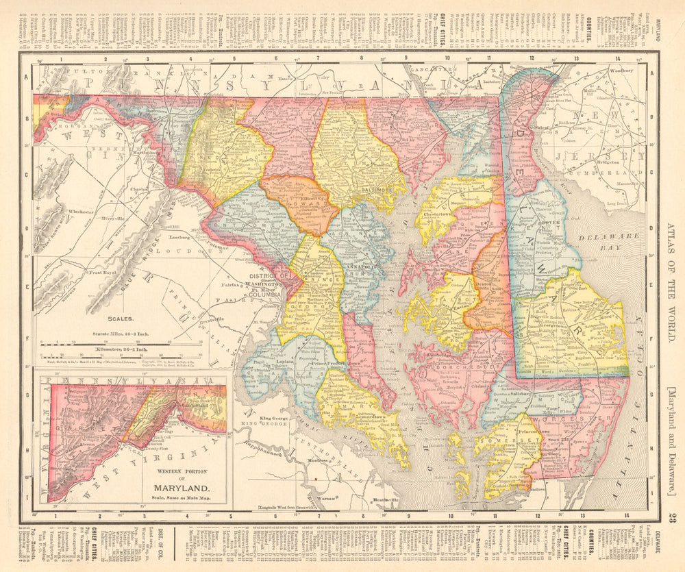 Maryland and Delaware state map showing counties. RAND MCNALLY 1906 old