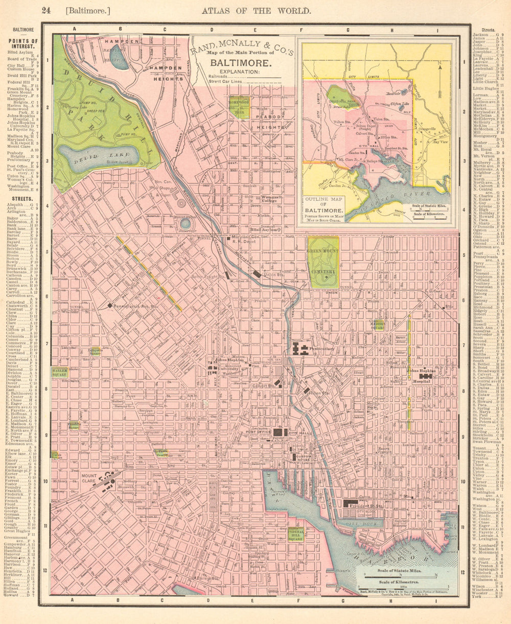 Baltimore town city map plan. Maryland. RAND MCNALLY 1906 old antique