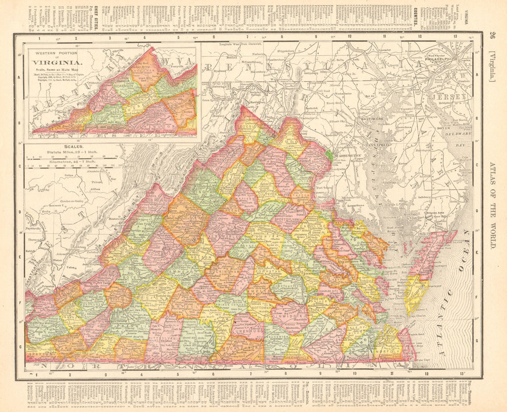 Virginia state map showing counties. RAND MCNALLY 1906 old antique chart
