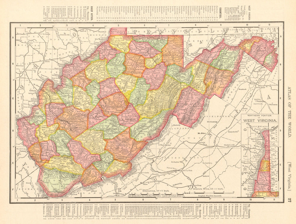 West Virginia state map showing counties. RAND MCNALLY 1906 old antique