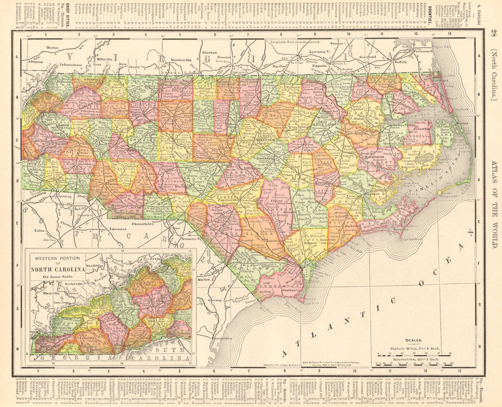 North Carolina state map showing counties. RAND MCNALLY 1906 old antique