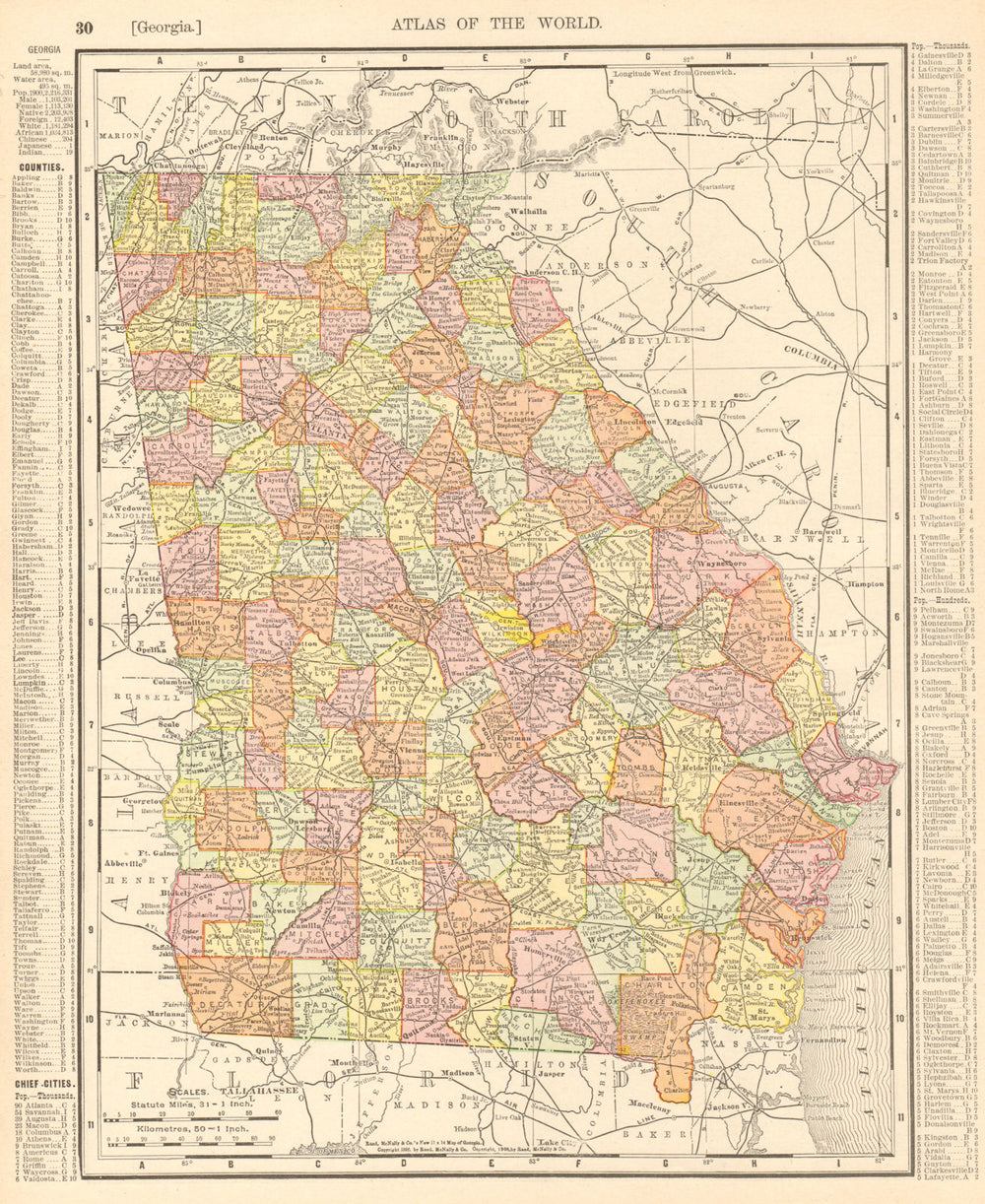 Georgia state map showing counties. RAND MCNALLY 1906 old antique chart
