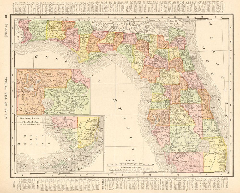 Florida state map showing counties. RAND MCNALLY 1906 old antique chart