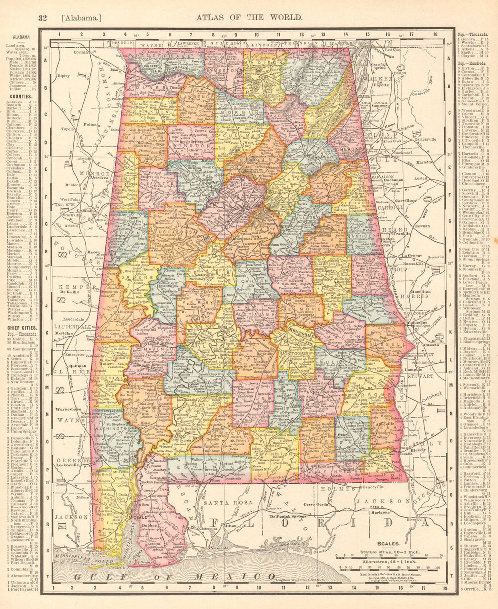 Alabama state map showing counties. RAND MCNALLY 1906 old antique chart