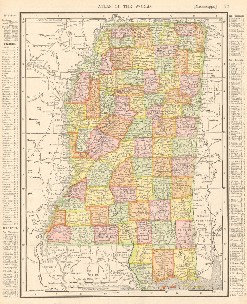 Mississippi state map showing counties. RAND MCNALLY 1906 old antique