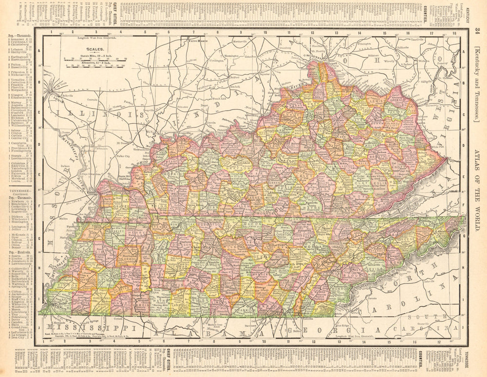 Kentucky and Tennessee state map showing counties. RAND MCNALLY 1906 old