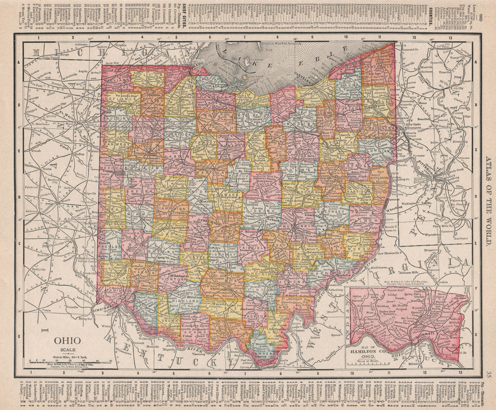 Ohio state map showing counties. RAND MCNALLY 1906 old antique plan chart