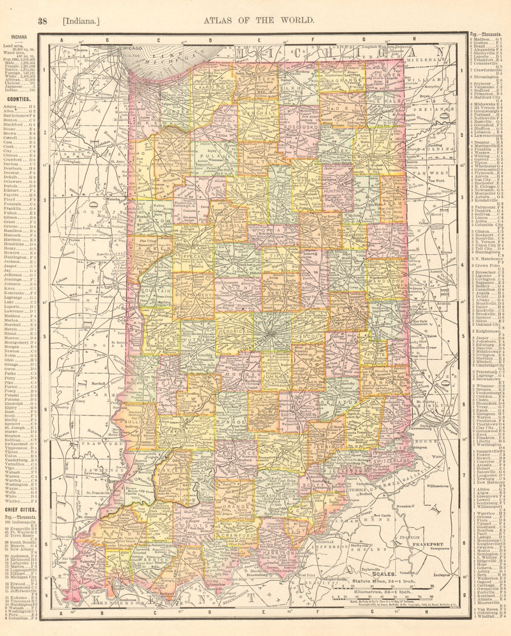 Indiana state map showing counties. RAND MCNALLY 1906 old antique chart