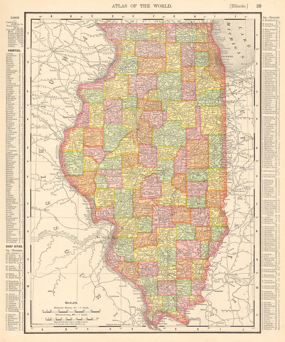 Illinois state map showing counties. RAND MCNALLY 1906 old antique chart