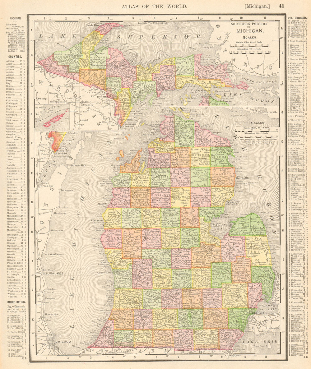 Michigan state map showing counties. RAND MCNALLY 1906 old antique chart