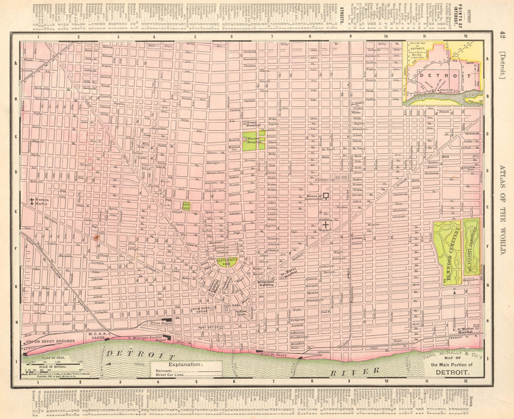 Detroit town city map plan. Michigan. RAND MCNALLY 1906 old antique chart