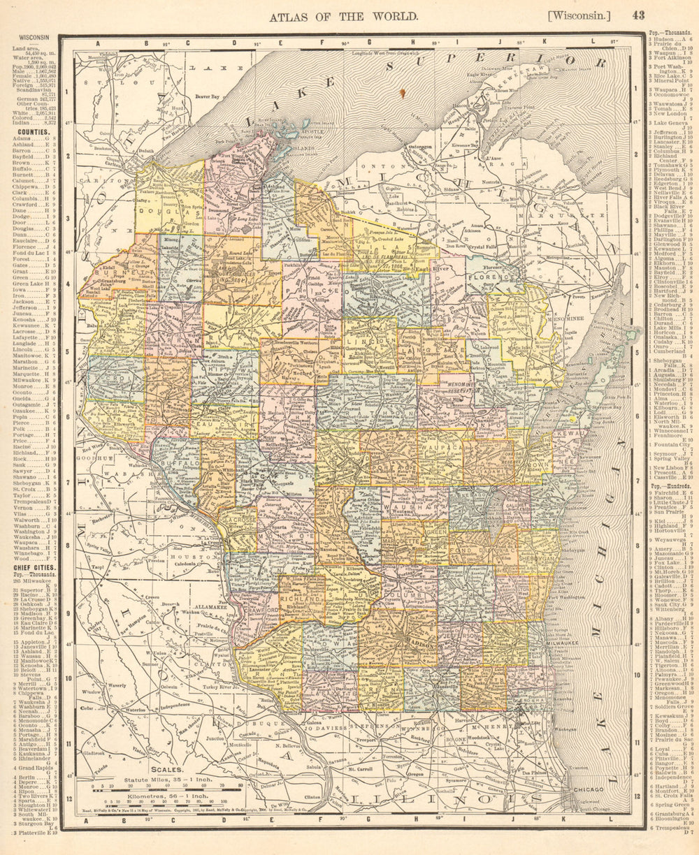 Wisconsin state map showing counties. RAND MCNALLY 1906 old antique chart