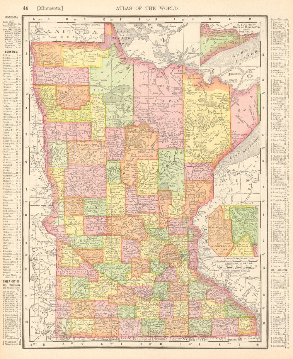 Minnesota state map. Counties. Minneapolis-St. Paul. RAND MCNALLY 1906 old