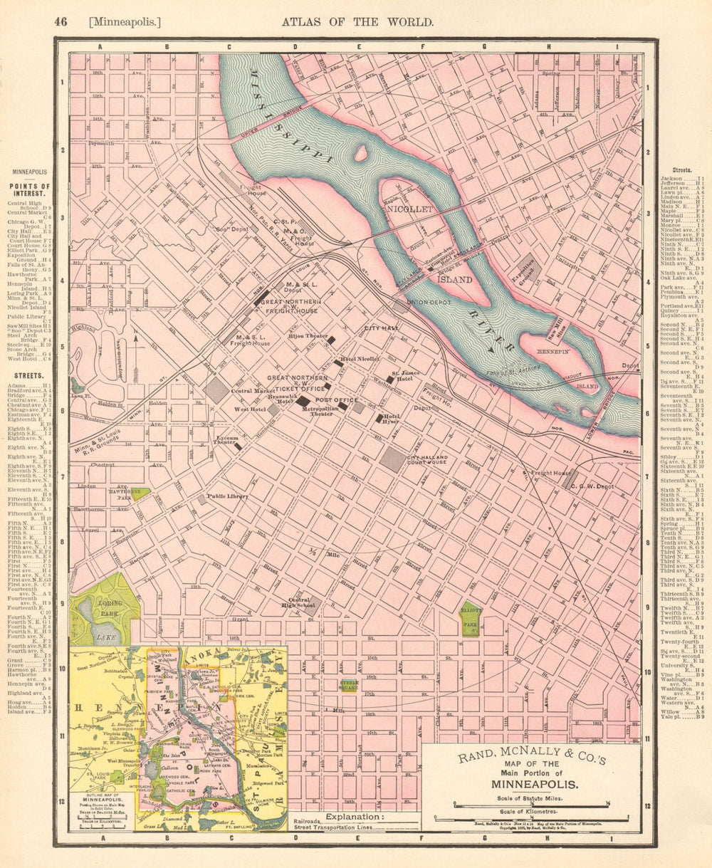 Minneapolis town city map plan. Minnesota. RAND MCNALLY 1906 old antique