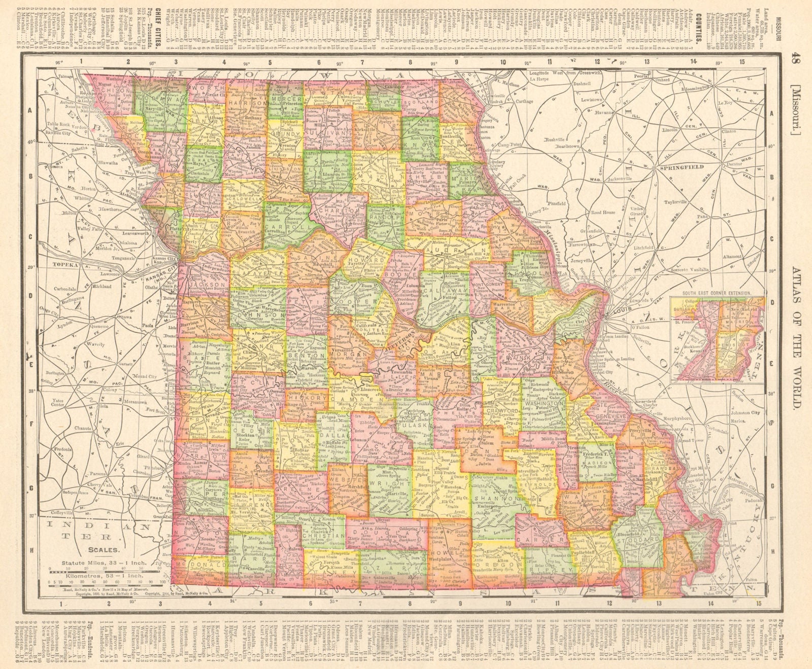 Missouri state map showing counties. RAND MCNALLY 1906 old antique ...