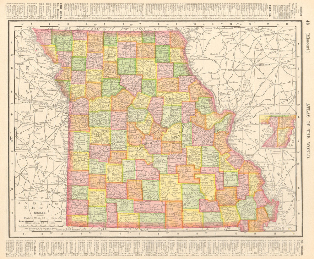 Missouri state map showing counties. RAND MCNALLY 1906 old antique chart