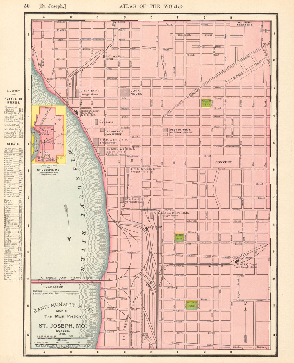 St. Joseph town city map plan. Missouri. RAND MCNALLY 1906 old antique