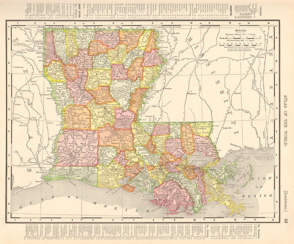 Louisiana state map showing parishes. RAND MCNALLY 1906 old antique chart