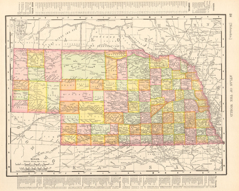 Nebraska state map showing counties. RAND MCNALLY 1906 old antique chart