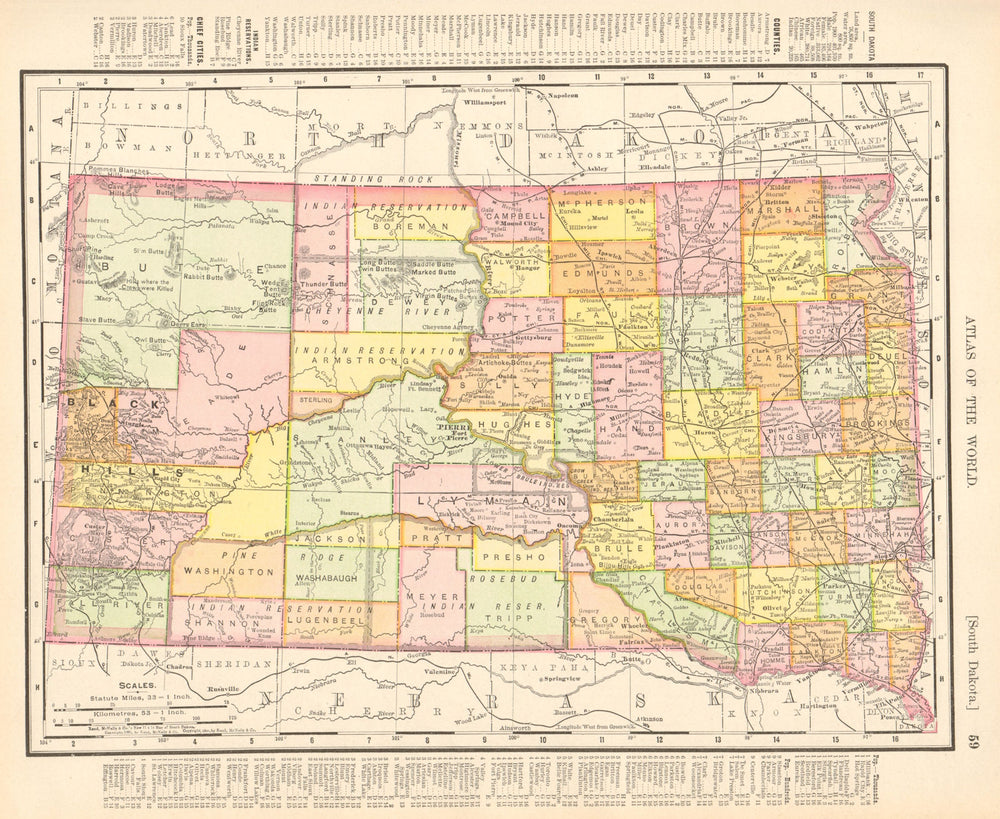 South Dakota state map showing counties. RAND MCNALLY 1906 old antique