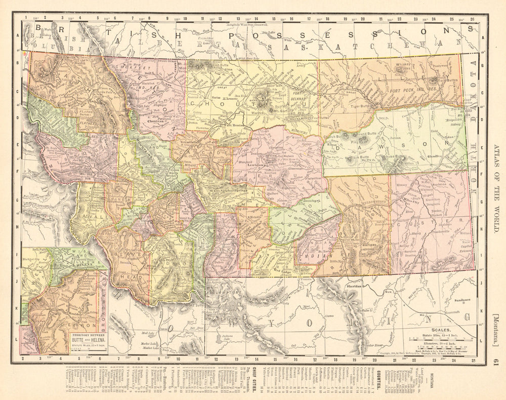 Montana state map showing counties. Yellowstone. RAND MCNALLY 1906 old
