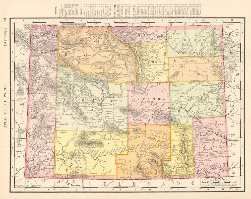 Wyoming state map showing counties. Yellowstone. RAND MCNALLY 1906 old