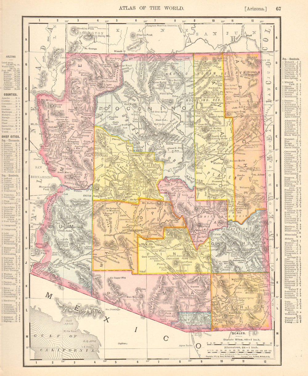 Arizona state map showing counties. RAND MCNALLY 1906 old antique chart
