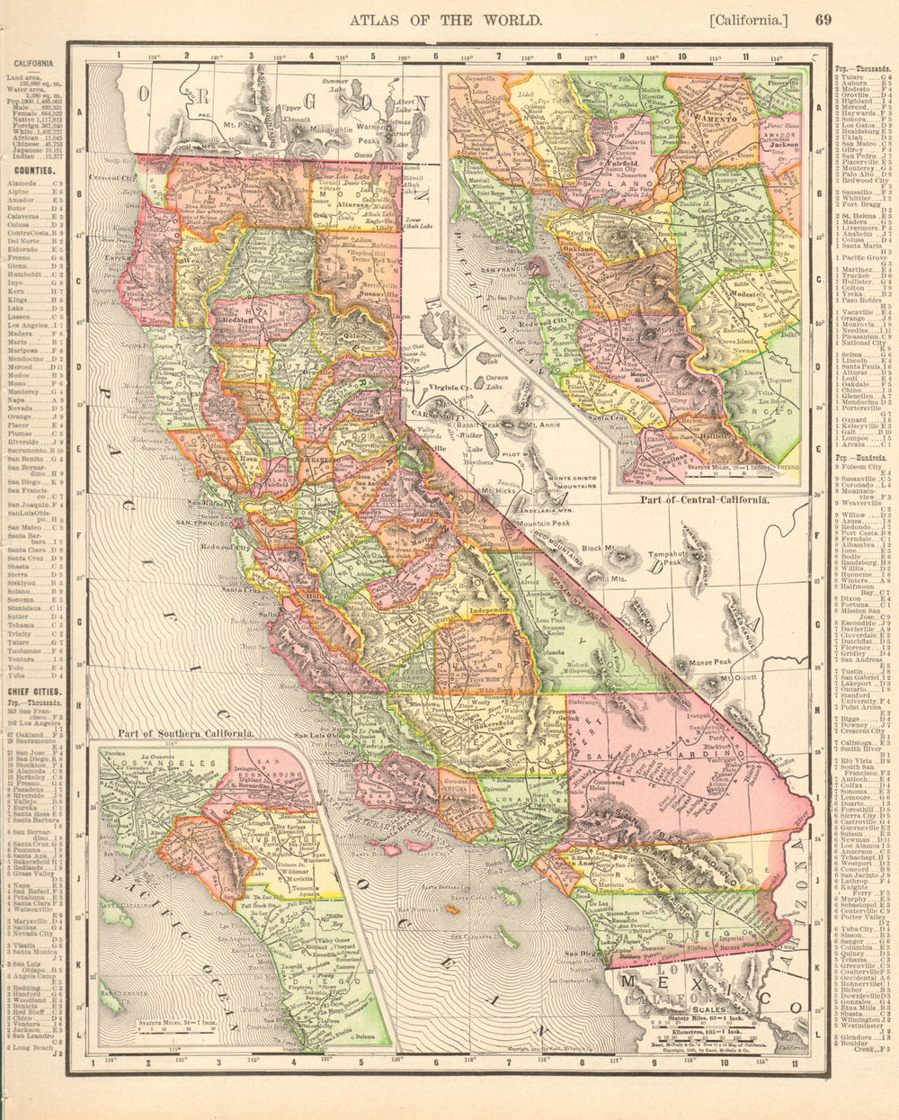 California state map. Southern CA & Bay Area insets. RAND MCNALLY 1906 old