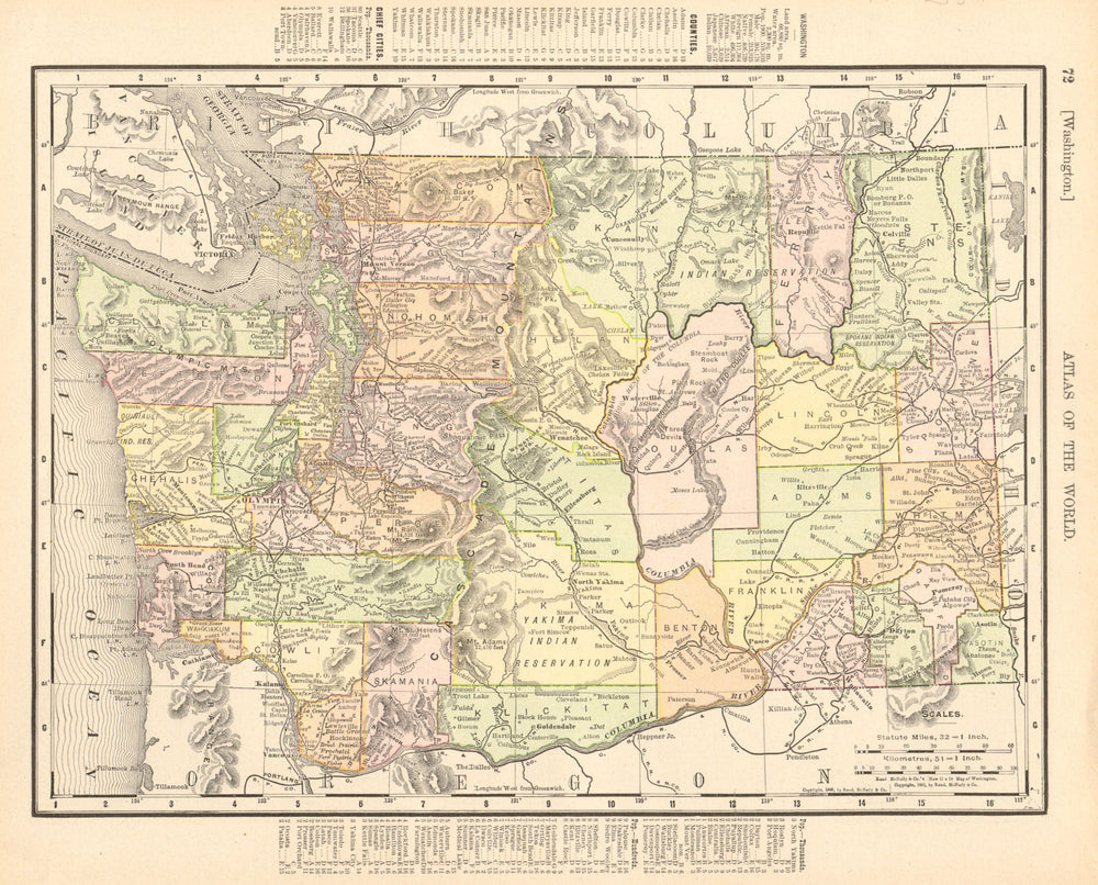 Washington State map showing counties. RAND MCNALLY 1906 old antique chart