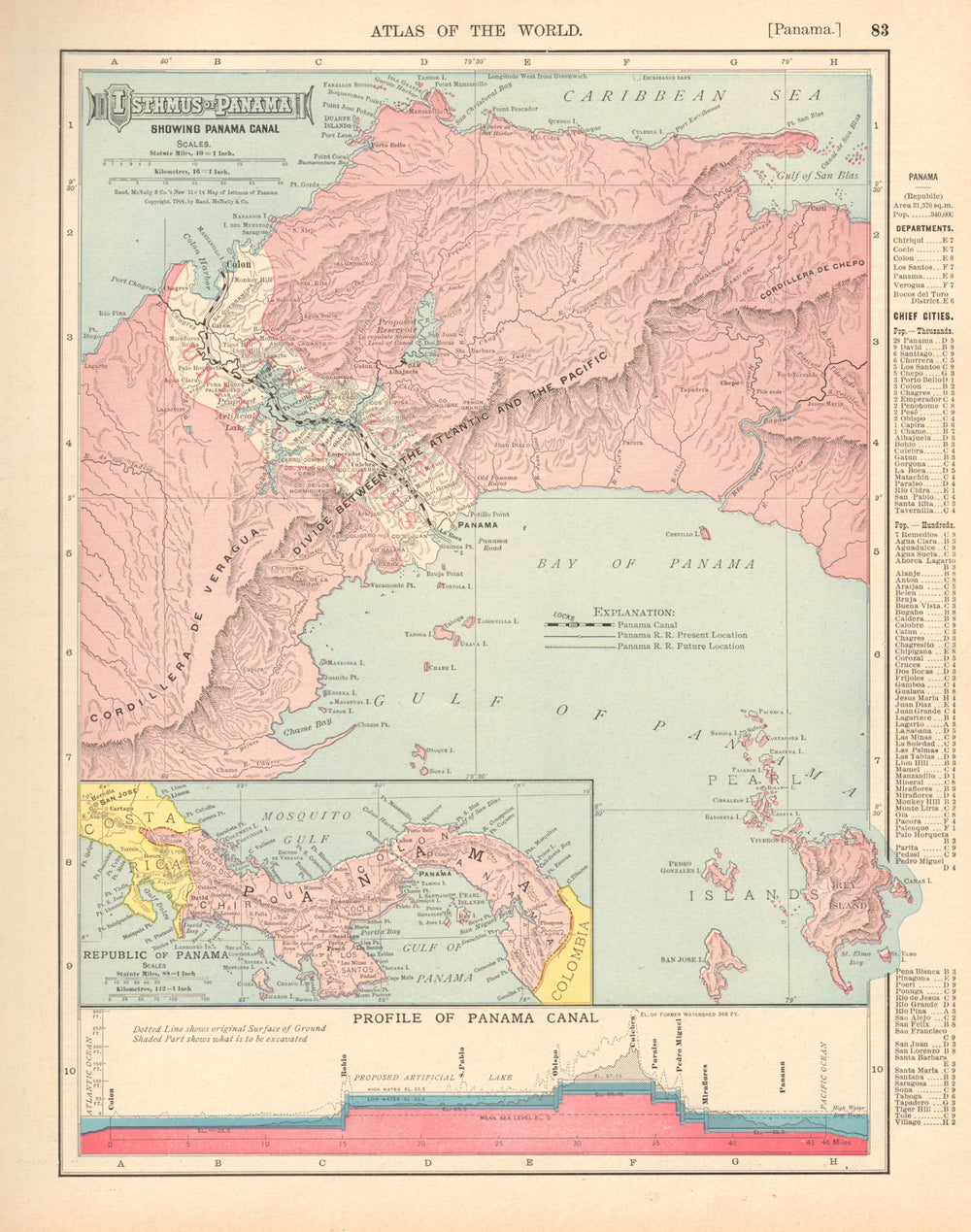 ISTHMUS OF PANAMA. Republic, Canal zone & profile. RAND MCNALLY 1906 old map