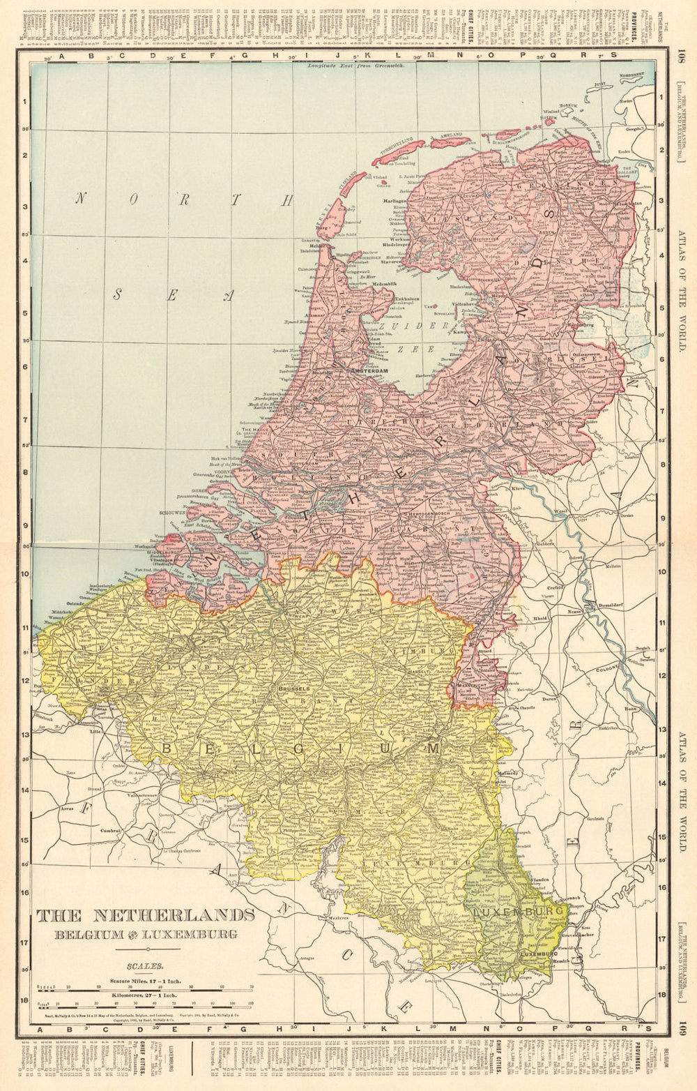 Netherlands, Belgium & Luxembourg. RAND MCNALLY 1906 old antique map chart