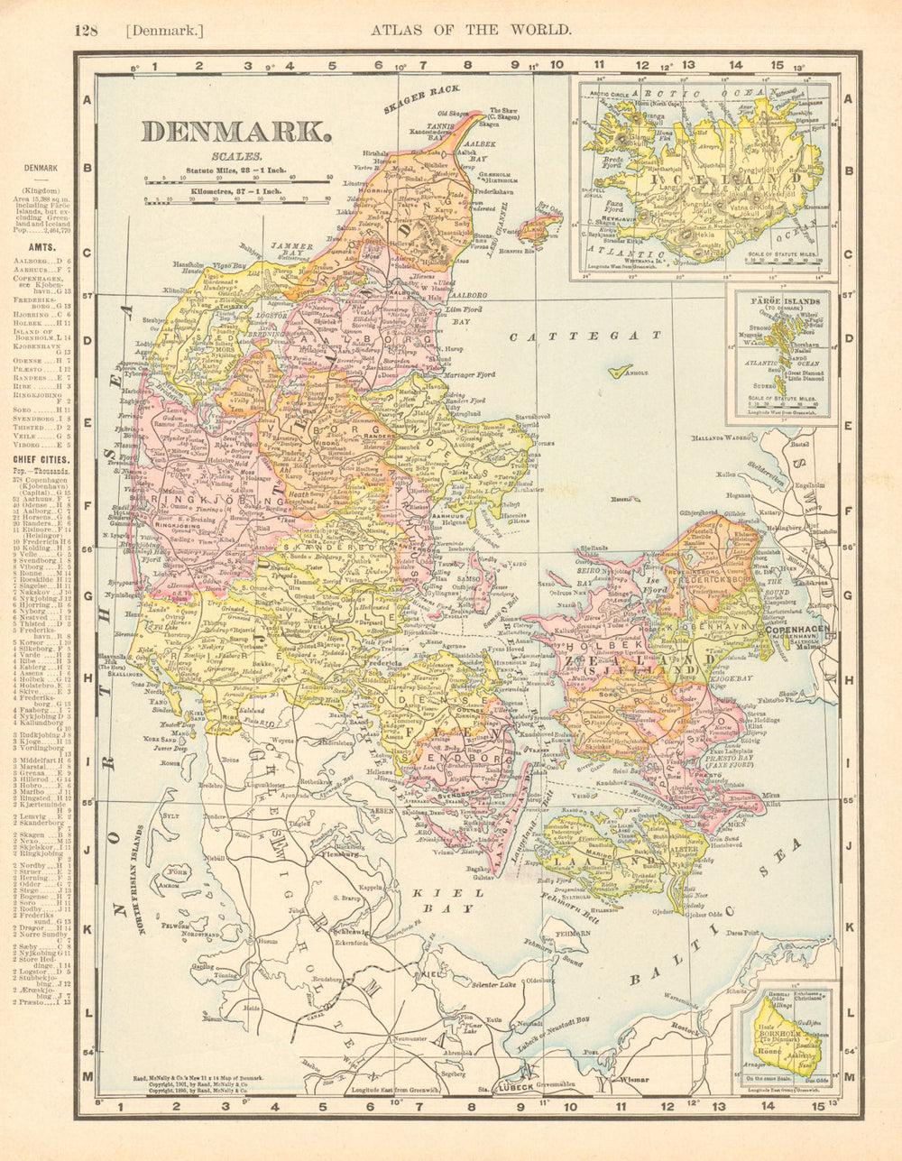 DENMARK. Inset Iceland. RAND MCNALLY 1906 old antique vintage map plan chart