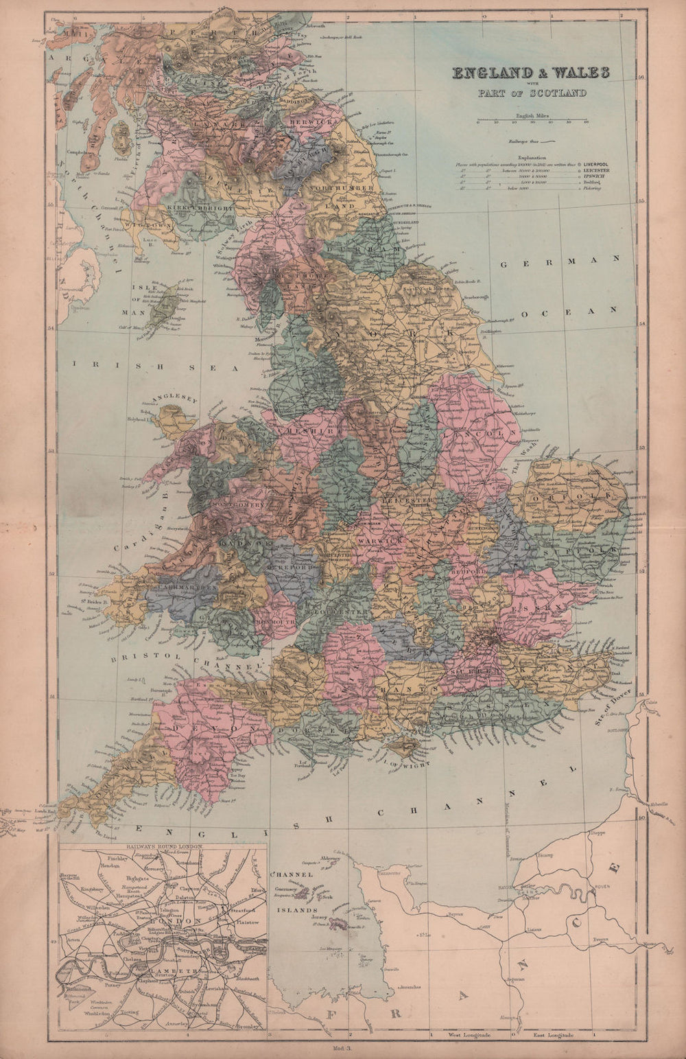 England & Wales with part of Scotland. Railways round London. HUGHES 1876 map