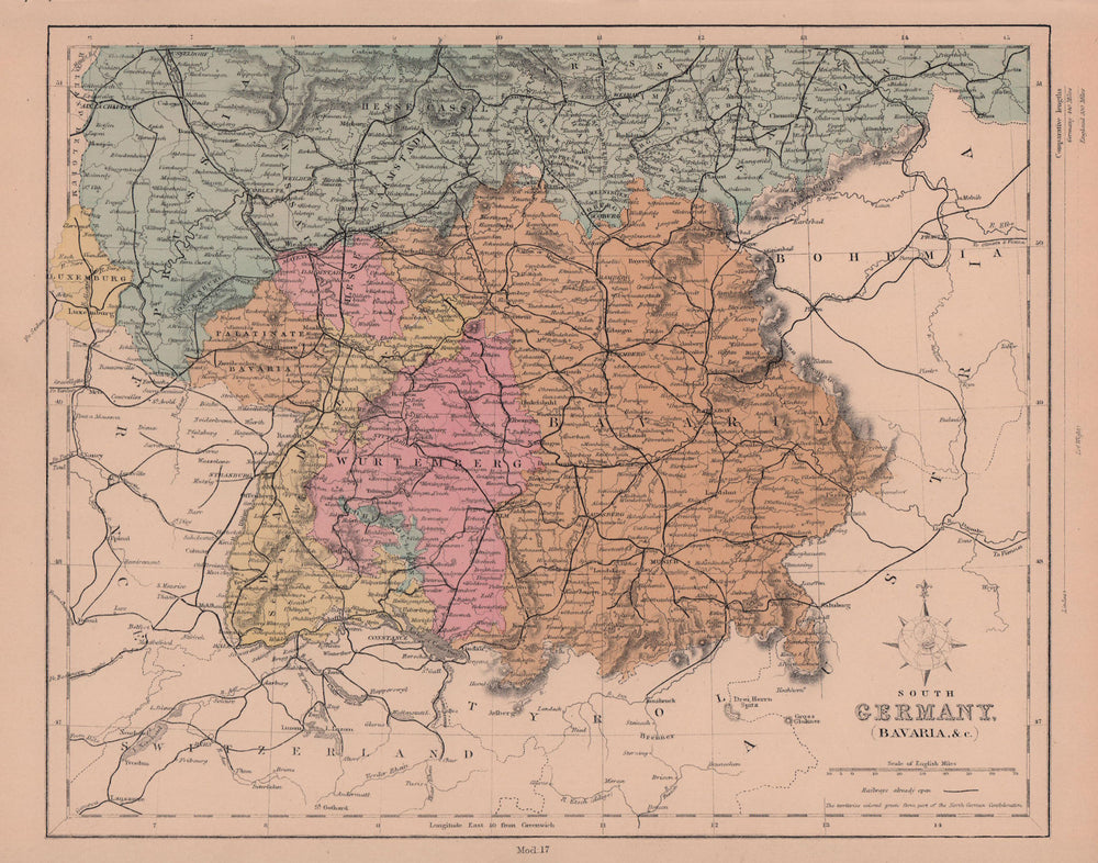 South Germany. Bavaria & Württemberg. Railways. HUGHES 1876 old antique map