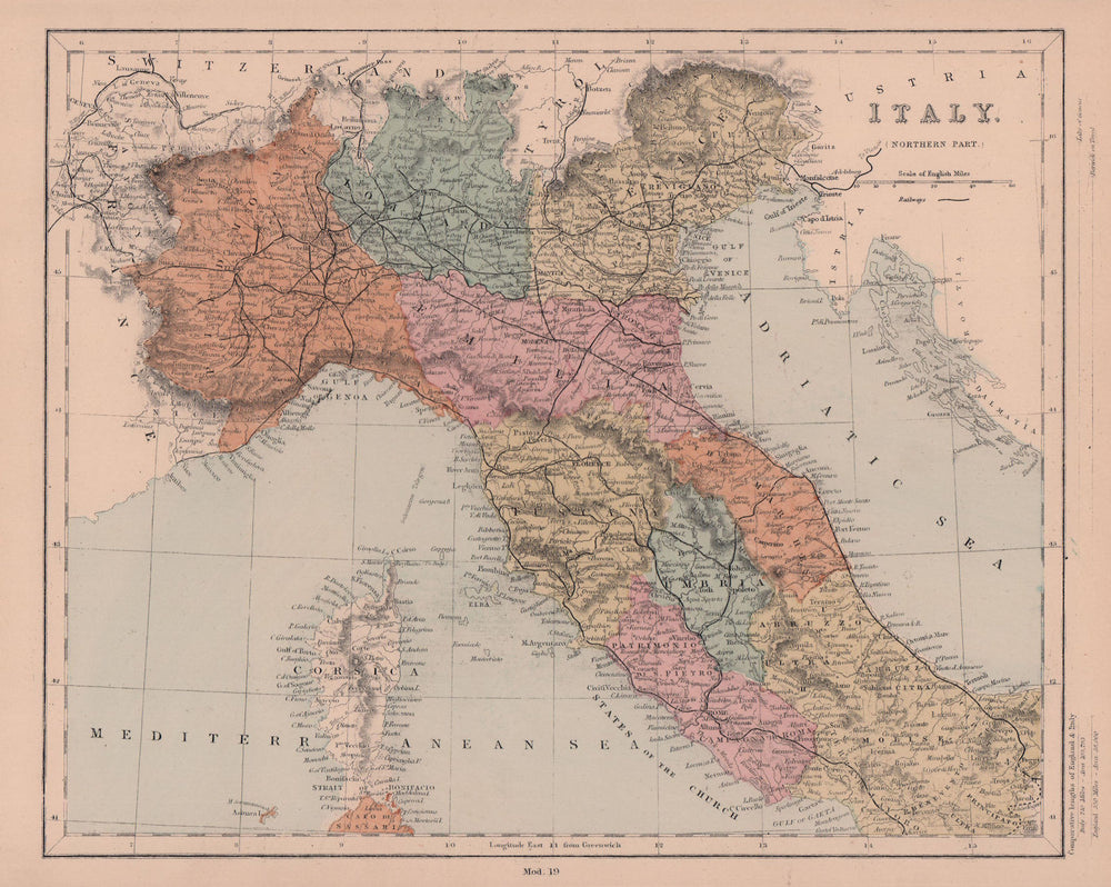 Northern Italy. Railways. HUGHES 1876 old antique vintage map plan chart
