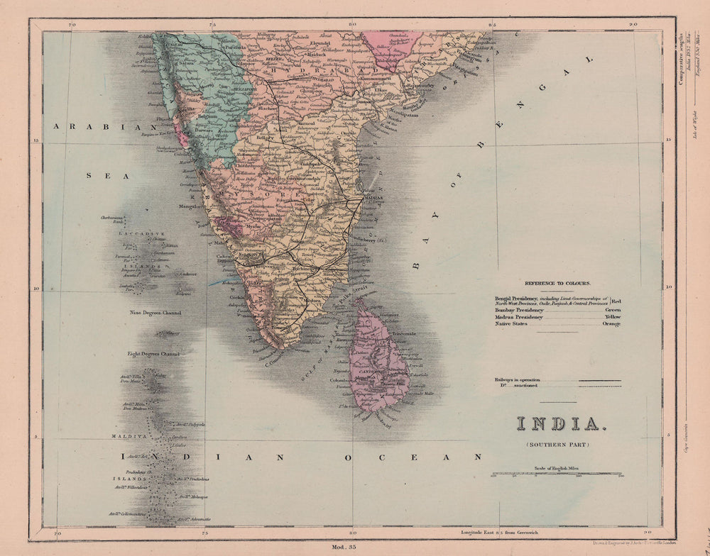 Southern India, Ceylon/Sri Lanka & the Maldives. HUGHES 1876 old antique map