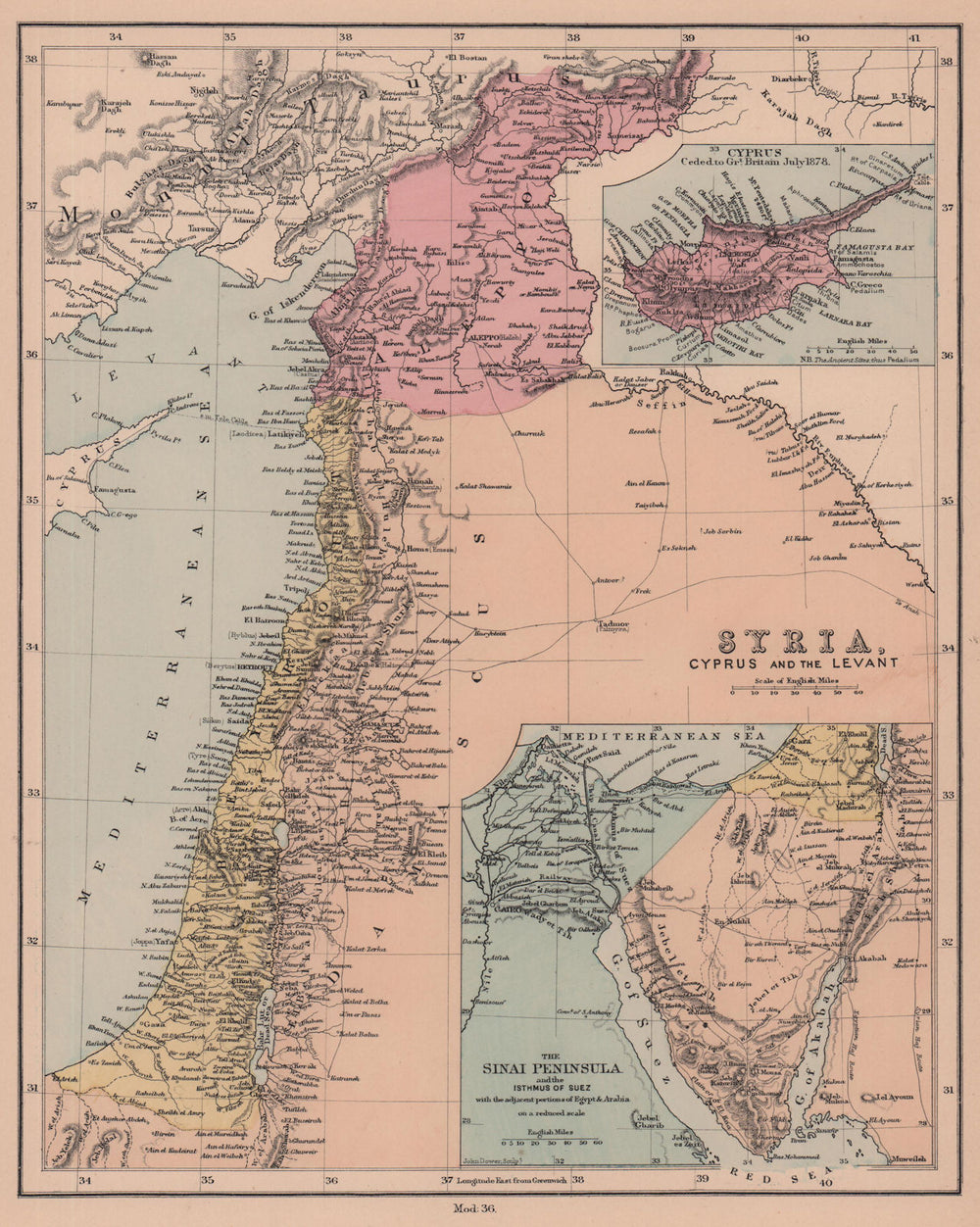 Syria, Cyprus and the Levant. Sinai Peninsula. HUGHES 1876 old antique map