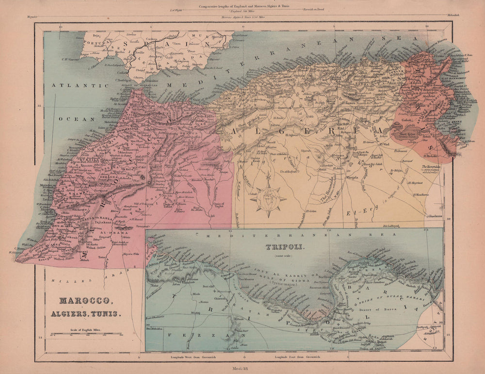Morocco, Algeria, Tunisia & Libya. North Africa. HUGHES 1876 old antique map