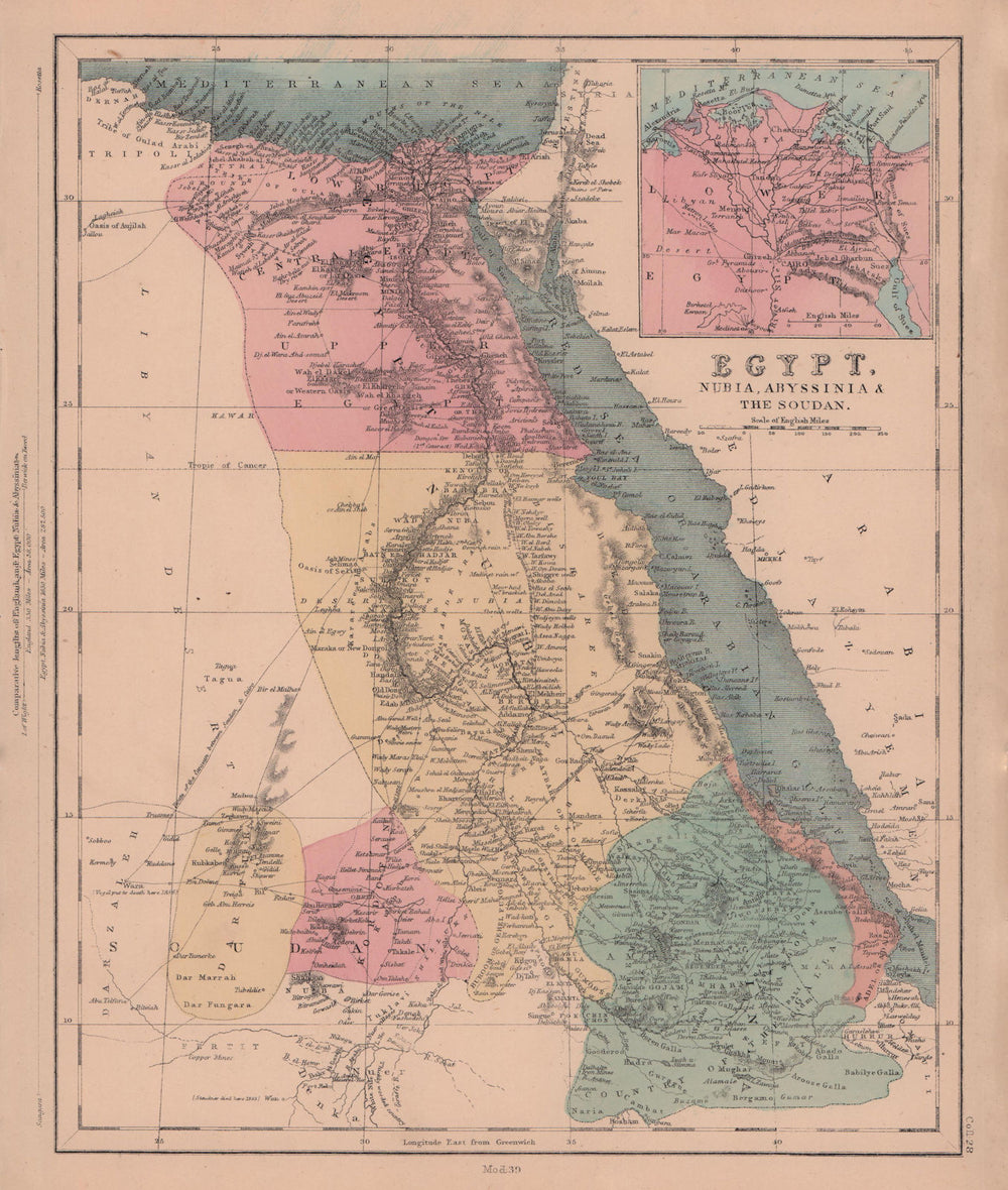 Egypt, Nubia, Abyssinia & the Soudan. Red Sea. HUGHES 1876 old antique map