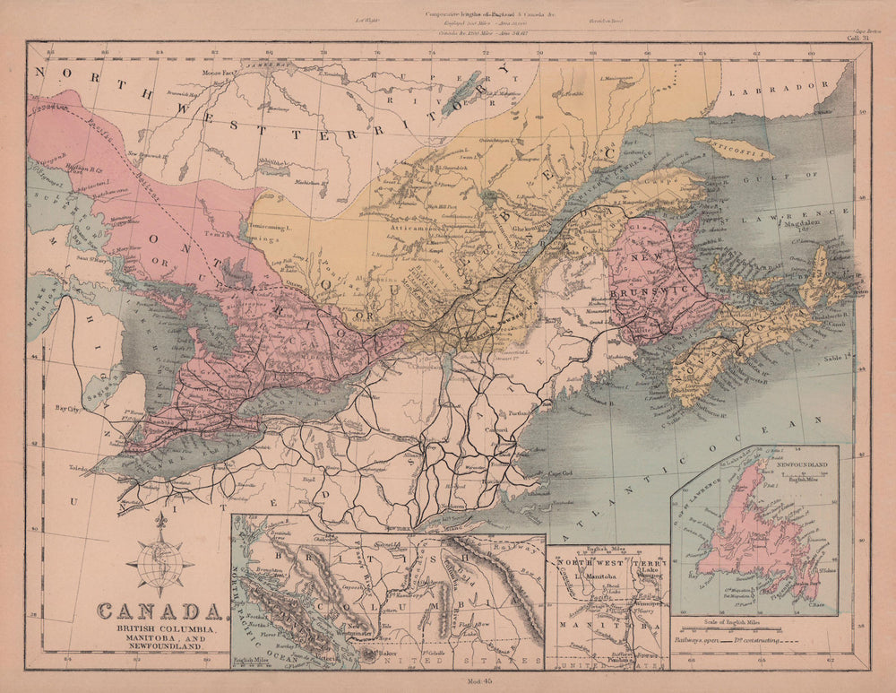 Eastern Canada. Ontario, Quebec & Maritimes. HUGHES 1876 old antique map chart