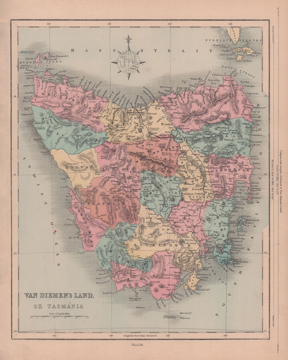 Van Diemen's Land, or Tasmania. Australia. HUGHES 1876 old antique map chart