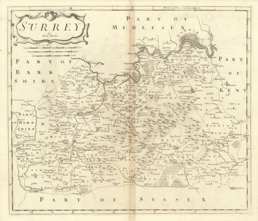 SURREY by ROBERT MORDEN from Camden's Britannia 1695 old antique map chart