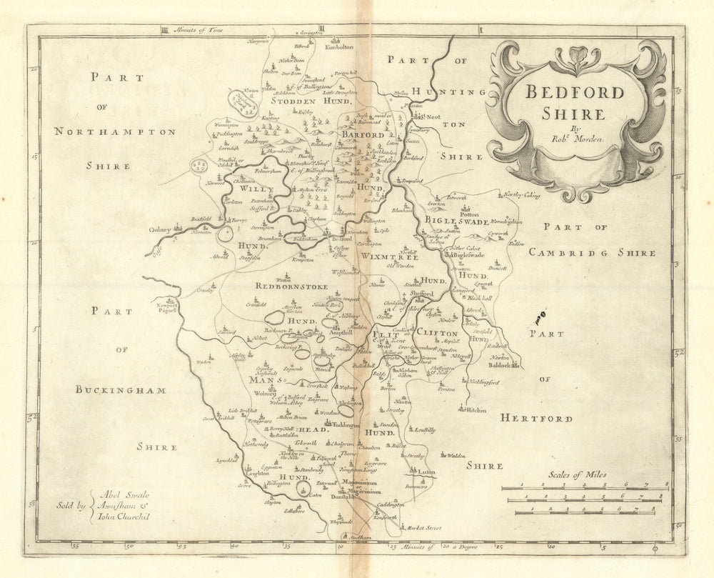 Bedfordshire. 'BEDFORD SHIRE' by ROBERT MORDEN from Camden's Britannia 1695 map