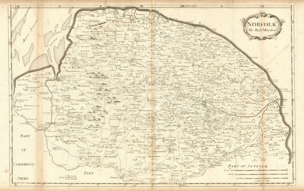 Norfolk by ROBERT MORDEN from Camden's Britannia 1695 old antique map chart