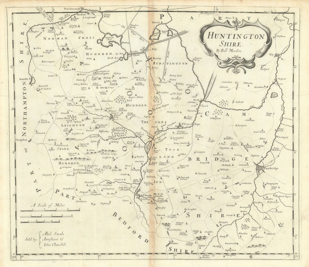 'HUNTINGTON SHIRE' Huntingdonshire by ROBERT MORDEN. Camden's Britannia 1695 map