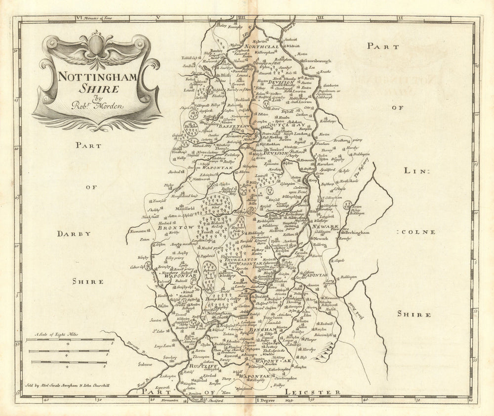 NOTTINGHAMSHIRE from Camden's Britannia by ROBERT MORDEN 1695 old antique map