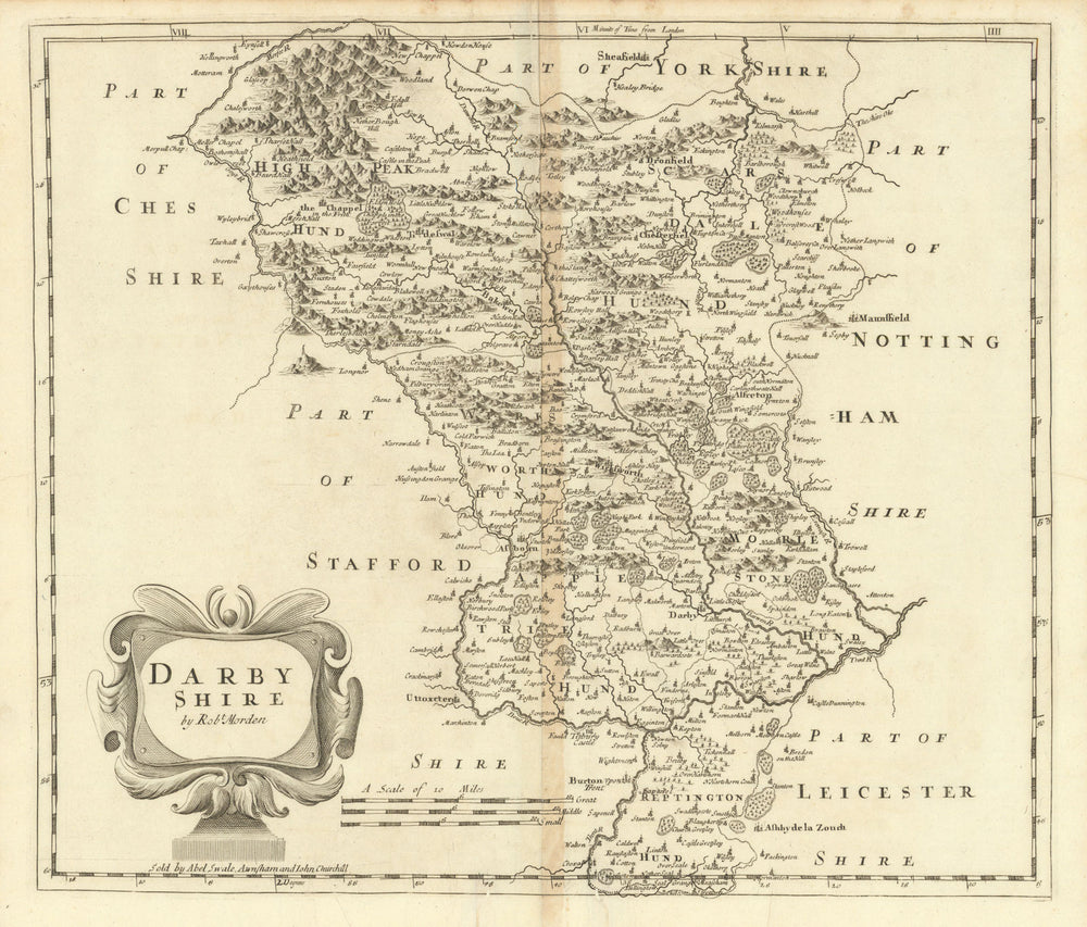 Derbyshire. 'DARBY SHIRE' by ROBERT MORDEN. Shows Peak District 1695 old map